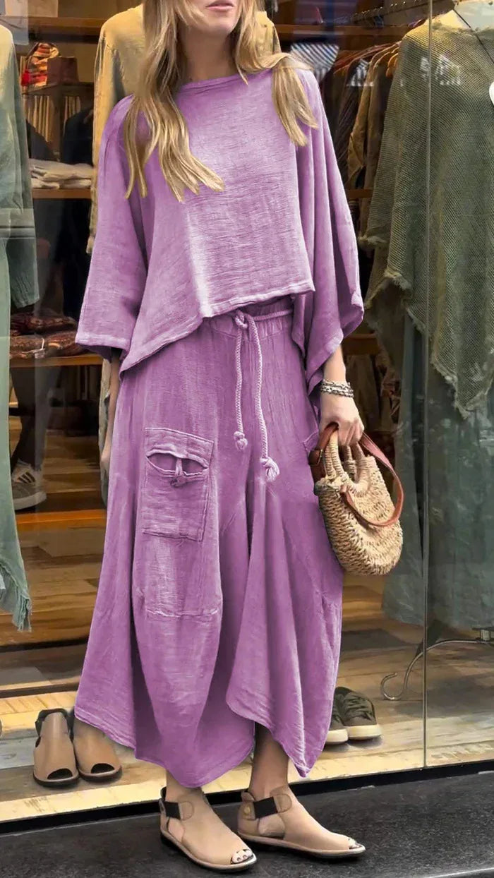 2024 Autumn Fashion New Women's Cotton and Linen Loose Skirt Two-piece Set Solid Color Irregular Top Waist Pocket Skirt Set