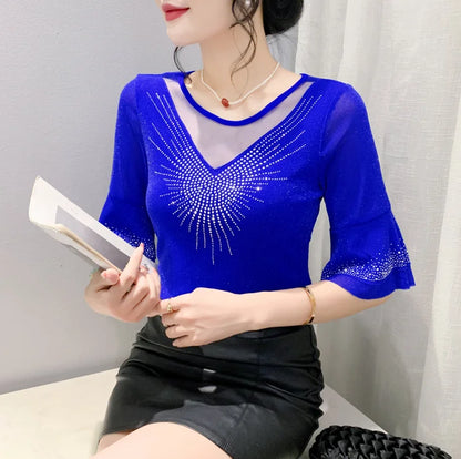 2026 Spring Summer Mesh Tops Korean Fashion Diamond T Shirt Slim 3/4 Sleeve Hollow Out Casual Women Shirt