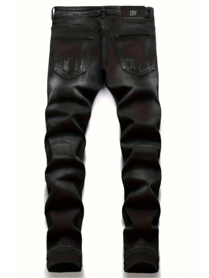 Men's Black Distressed Jeans Skull Patch & Embroidery Letter Print Slim Fit Stretch Denim Pants Street Fashion Biker Trousers