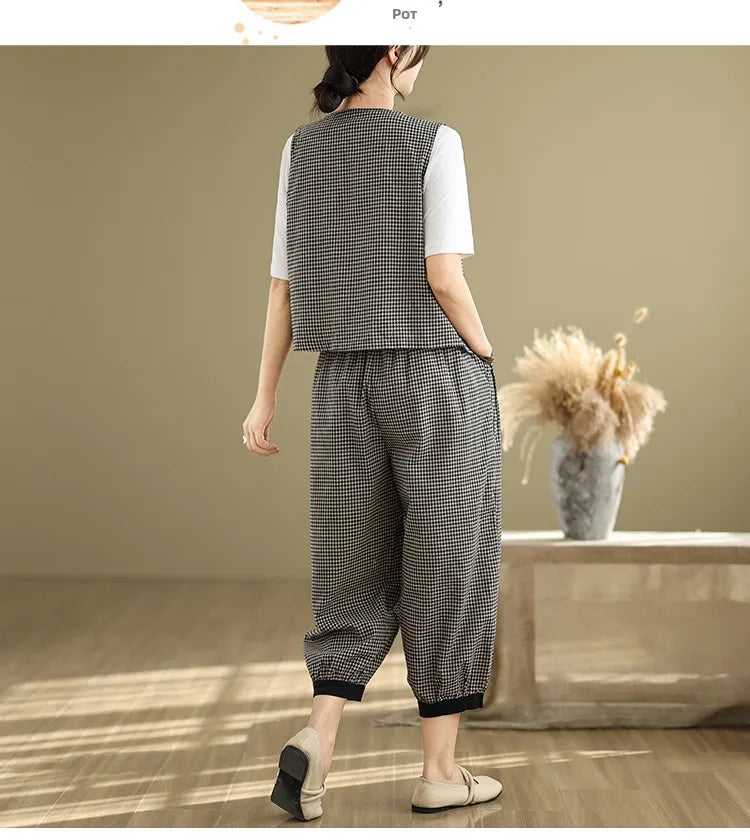 Fashionable Cotton Linen Plaid Set Casual Loose V-neck Tank Top And Lantern Pants Eighteen Loose Two-piece Set for Women