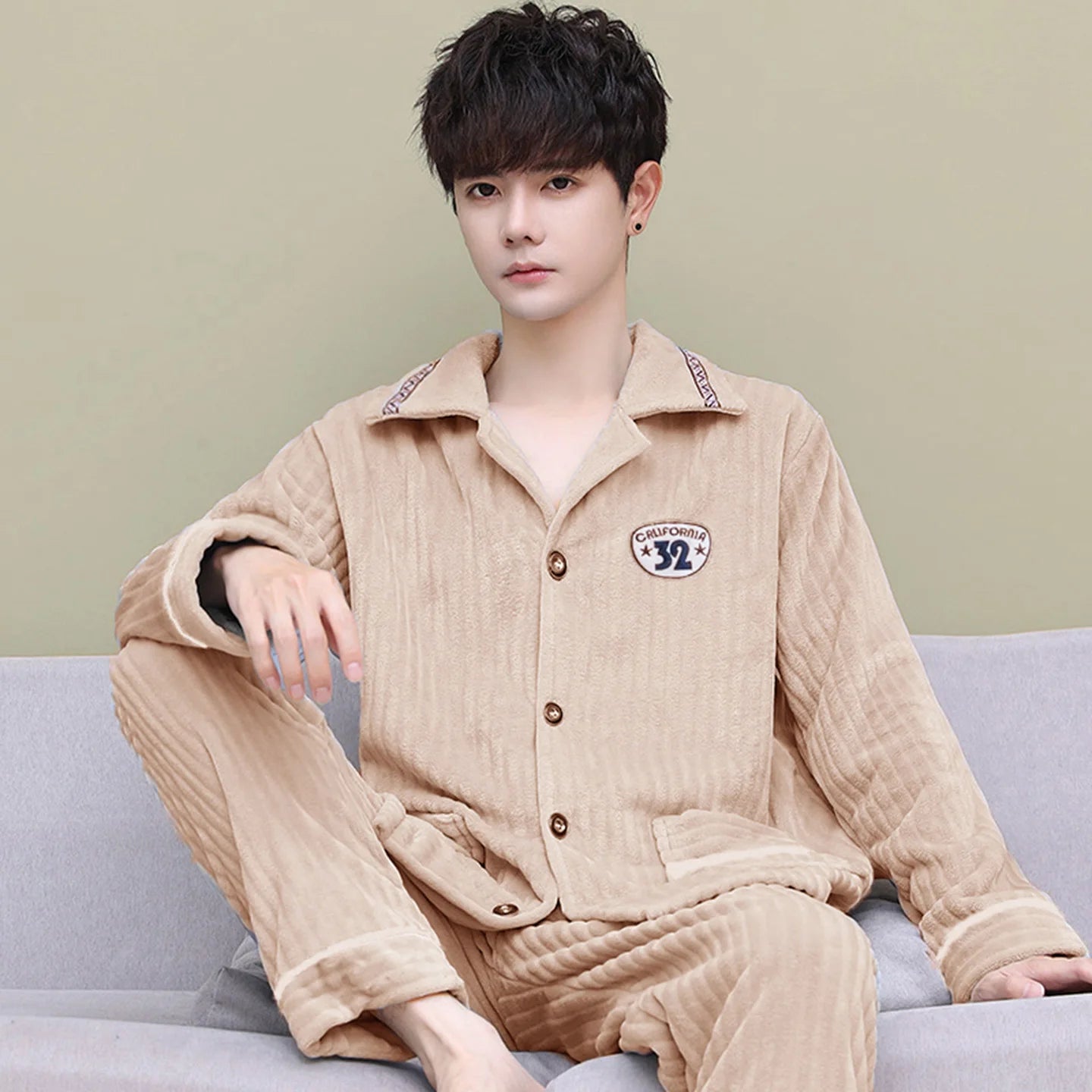 Men's Thickened Flannel Pajamas Coral Fleece Home Clothes Cardigan Set Long Sleeve Long Pants Soft Warm Winter Autumn Sleepwear