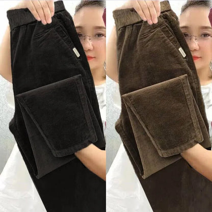 Autumn Winter Thickened Corduroy Casual Harlan Pants for Mom High Waist Loose Fit Straight Leg Casual Outerwear Polyester Fiber