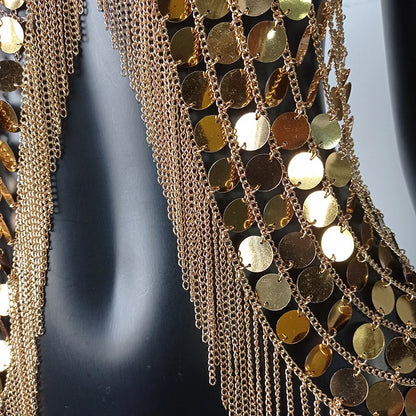 AKYZO Sequined Crop Tops for Women Metal Chain Tassel Nightclub Dance Wear Party Burning Outfits Plastic Tank Top Sexy Festival