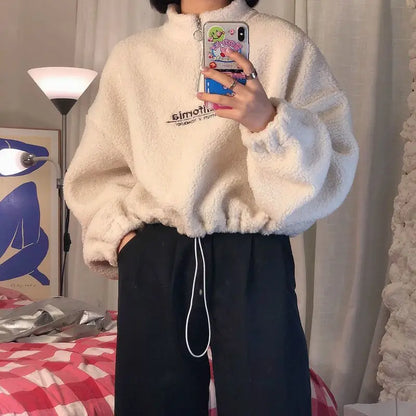 Lamb Velvet Fleece Lined Thickened Short Half High Collar Sweatshirt Women's Loose Korean Style Autumn Winter Zipper Top Tren...