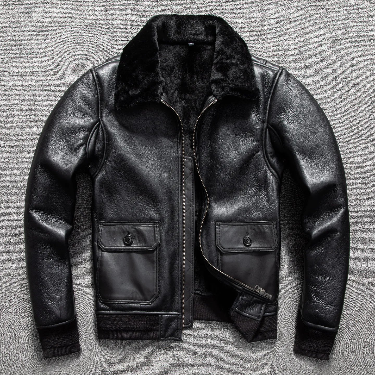 Vintage Wool Winter Thick Genuine Shearling Lamb Fur Men Warm Biker Genuine Leather Jacket Coat