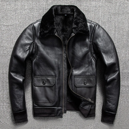 Vintage Wool Winter Thick Genuine Shearling Lamb Fur Men Warm Biker Genuine Leather Jacket Coat