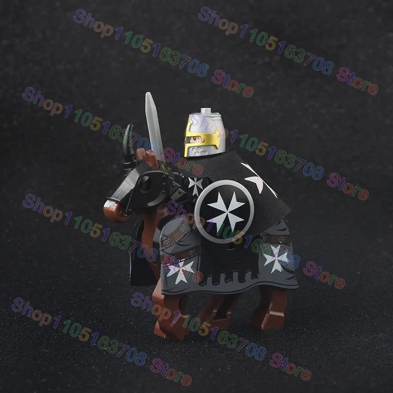 MOC Medieval Military Crusader Knight Building Blocks Castle Army Soldier Figure Horse Mount Shield Sword Accessories Bricks Toy