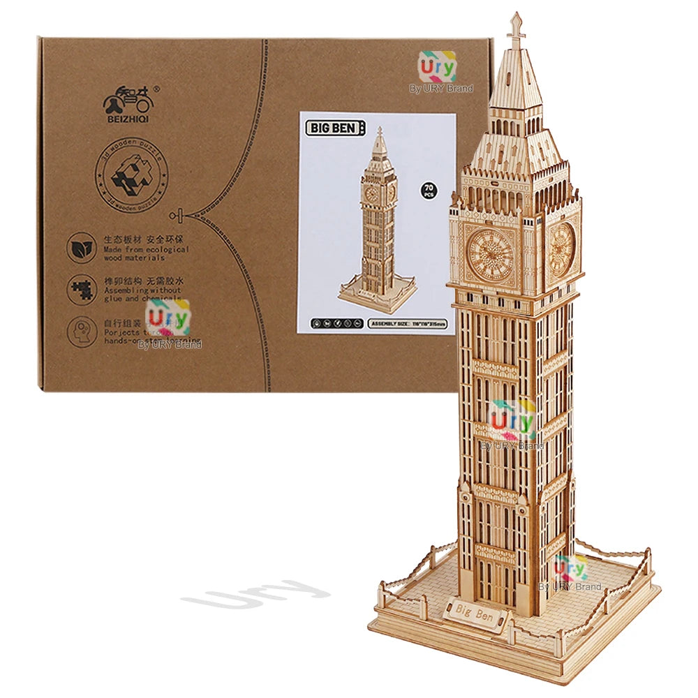 Ury 3D Wooden Puzzle Leaning of Pisa Big Ben Famous European UK Attractions Building World Architecture Model DIY Toy Decoration