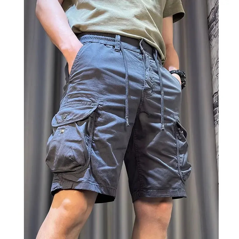 Cargo Shorts Man Big Pocket Casual Work Pants Loose Fit Drawstring Sports Male Outfit Shorts High Street Short Pants Clothing