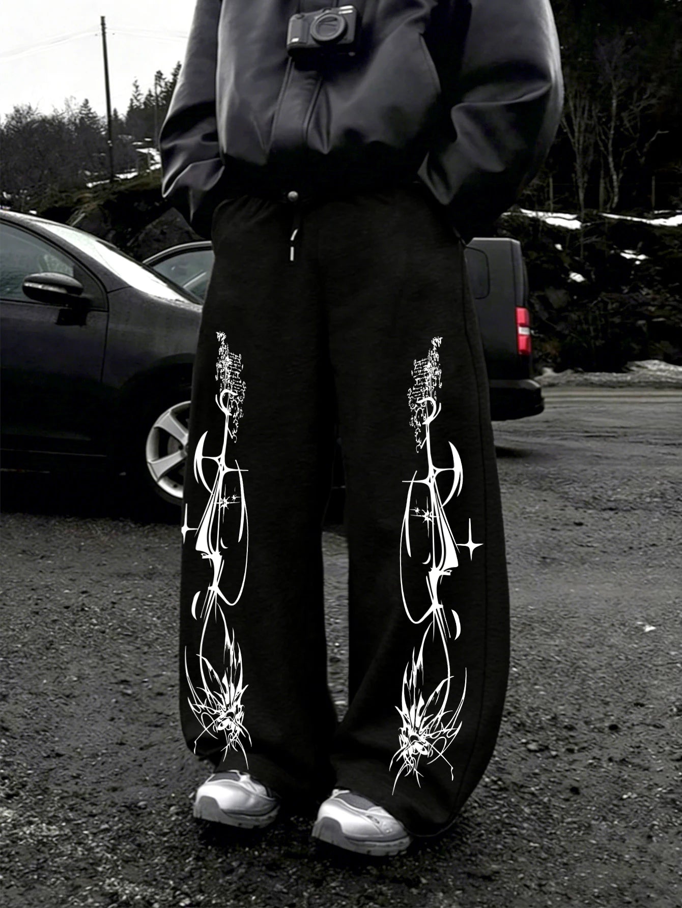 Y2K Dark Punk Abstract Gothic Cross Star Print Mens Baggy Wide Leg Sweat Pants Loose Straight Drawstring Hip Hop Street Joggers