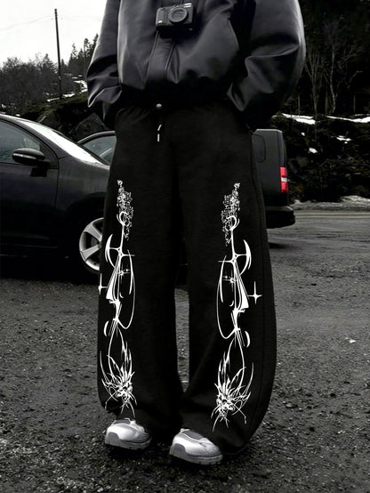 Y2K Dark Punk Abstract Gothic Cross Star Print Mens Baggy Wide Leg Sweat Pants Loose Straight Drawstring Hip Hop Street Joggers