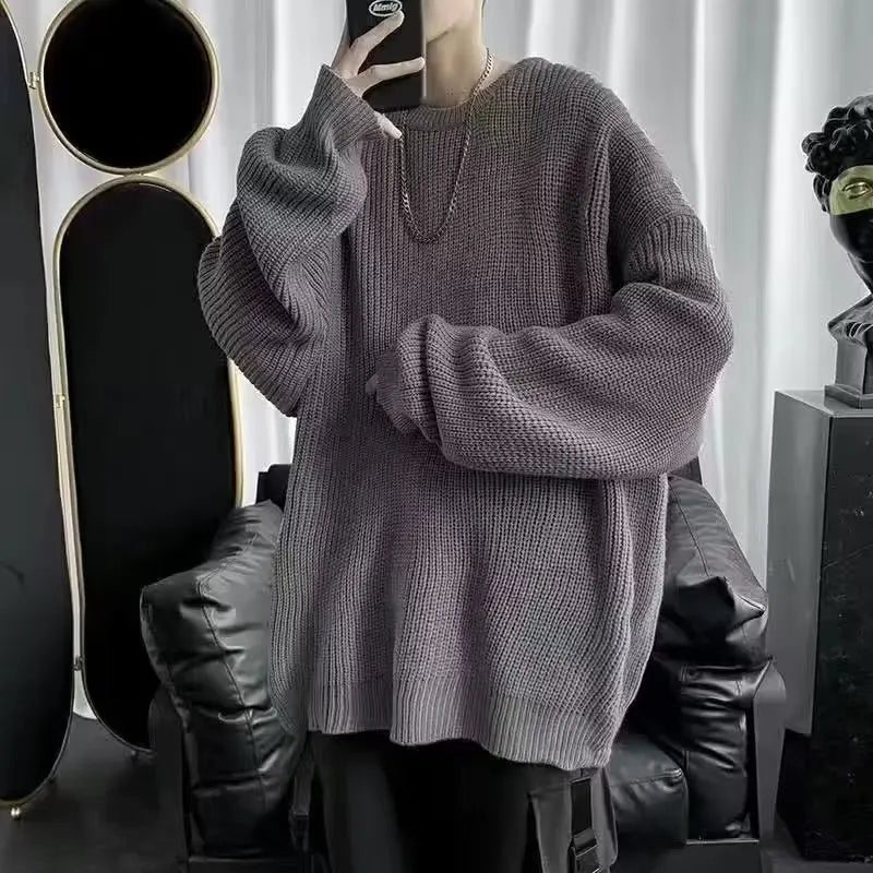 Autumn and winter loose shoulder sweater for young men Japanese retro pineapple needle jacquard lazy round neck knit sweater