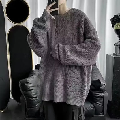 Autumn and winter loose shoulder sweater for young men Japanese retro pineapple needle jacquard lazy round neck knit sweater
