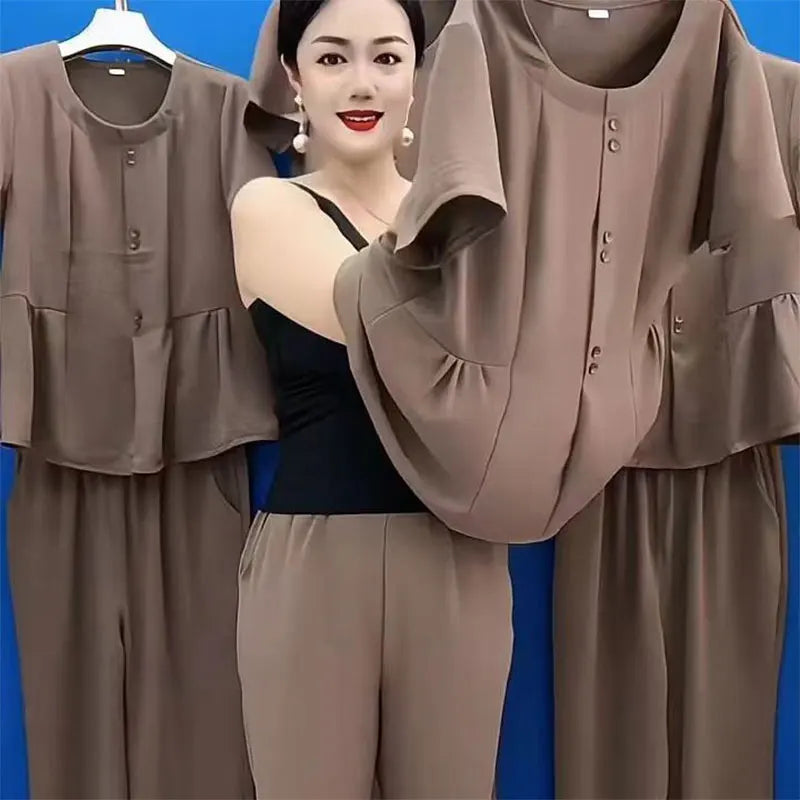 Summer 2026 Fashionable Mommy Set Women's Loose Belly Covering Slimming Two-Piece Suit High-End  Color Casual Wear