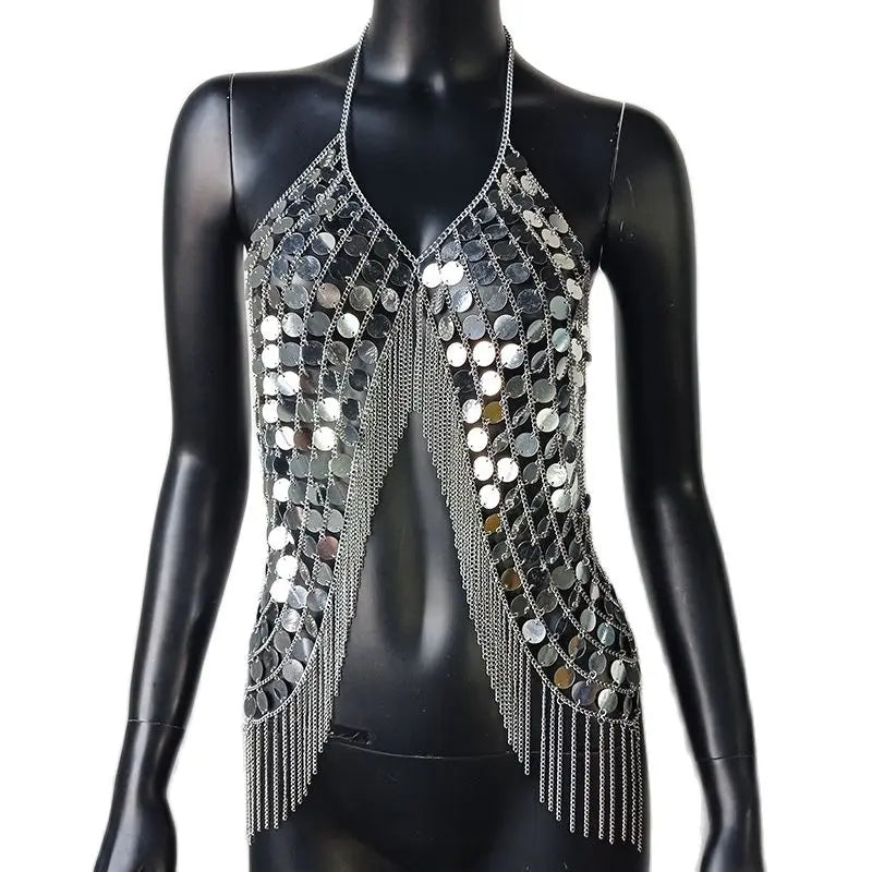 AKYZO Sequined Crop Tops for Women Metal Chain Tassel Nightclub Dance Wear Party Burning Outfits Plastic Tank Top Sexy Festival