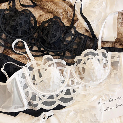 2 Pieces Sexy Women Underwear Set French Lace Ultra-thin Bra Set Summer  Breathable Brassiere Briefs with Thong Female Lingerie