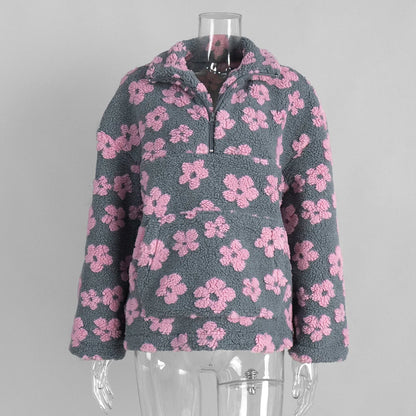 Talenza Fashion Print Pullover Contrast Oversized Zipper Knit Long-Sleeve Top Casual Warm Office Wear Vintage Women Sweatshirts