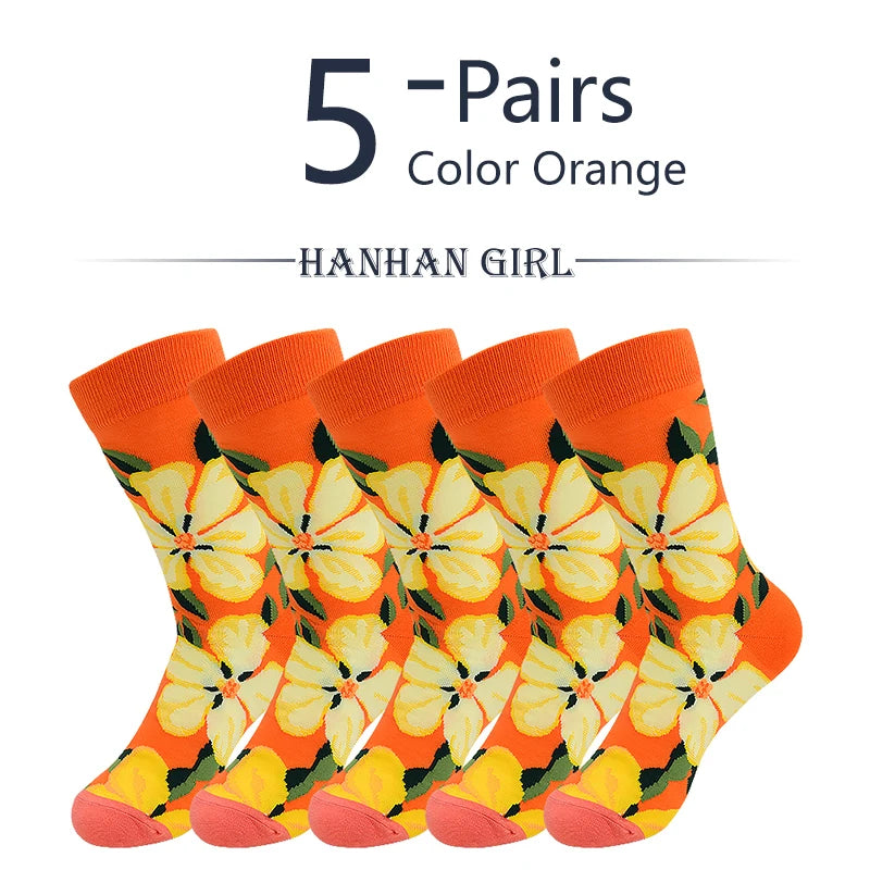 5 Pairs New Arrivals Combed Cotton Women Socks Unisex Cute Floral Styles 8 Color Happy Funny Casual Female Breathable Crew Socks