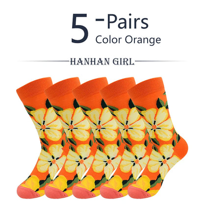 5 Pairs New Arrivals Combed Cotton Women Socks Unisex Cute Floral Styles 8 Color Happy Funny Casual Female Breathable Crew Socks