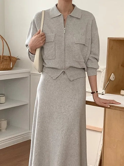Korean Style Women's Fashion Short Knitted Top High Waist Skirt Sweater Two-Piece Set Chic Autumn Wear for Adults