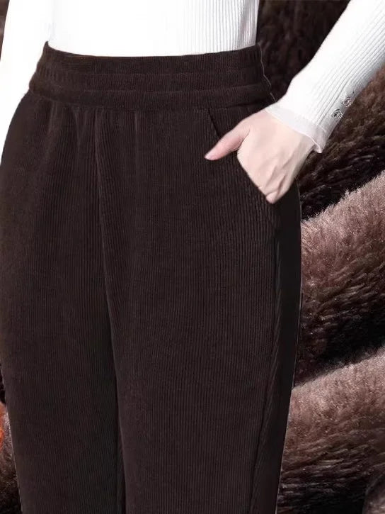 Women's Autumn Winter Thickened Corduroy Straight Leg Pants High Waist Elastic Closure Warm Casual Trousers Fashionable