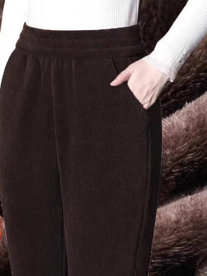 Women's Autumn Winter Thickened Corduroy Straight Leg Pants High Waist Elastic Closure Warm Casual Trousers Fashionable
