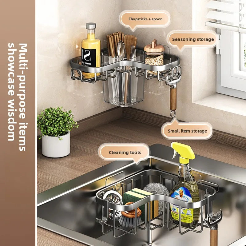 Kitchen Carbon Steel Sink Drain Rack No-Punching Wall Mounted Corner Dishcloth Storage Rack Waterproof Space Saving