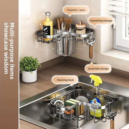 Kitchen Carbon Steel Sink Drain Rack No-Punching Wall Mounted Corner Dishcloth Storage Rack Waterproof Space Saving