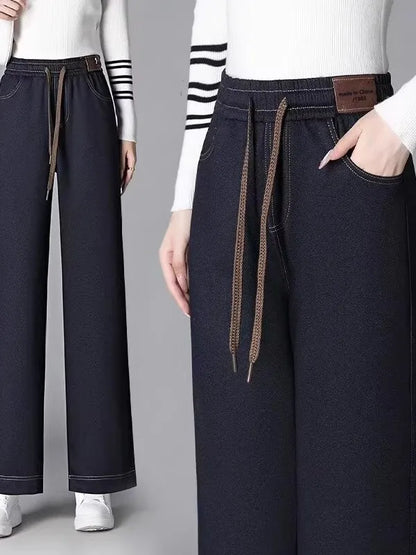 High Waist Thickened Fleece Lined Wide Leg Jeans Women's Casual Straight Cut Trousers Autumn Winter New Style Slimming Effect