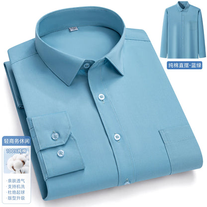 New In Tops Pure Cotton Men's Long Sleeve Business Social Plain Shirts Fashion Single Pocket Casual Slim Fit Solid Color Blouses