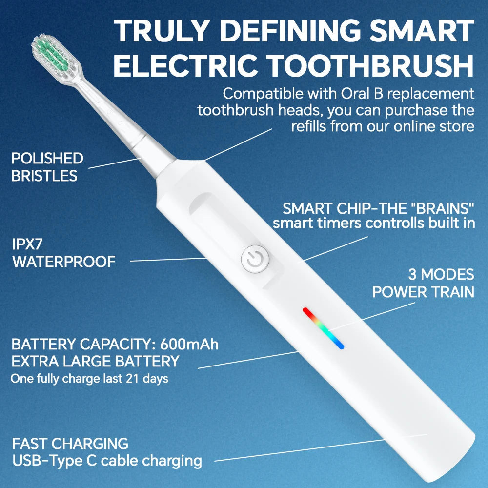 2in1 Rotating & Sonic Dual Modes Rechargeable Electric Toothbrush - 6 Heads, 3 Modes & Timer, Compatible with Oral B Brush Head