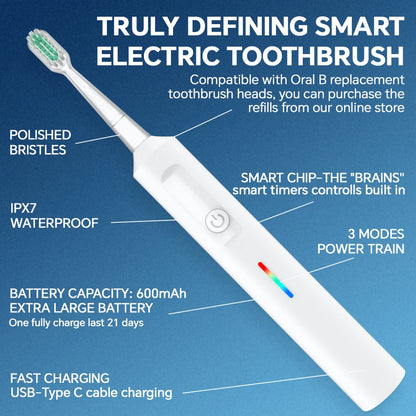 2in1 Rotating & Sonic Dual Modes Rechargeable Electric Toothbrush - 6 Heads, 3 Modes & Timer, Compatible with Oral B Brush Head