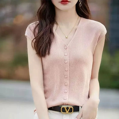 Women's Clothing New Fashion V-neck Knit Tops Summer Casual All-match Thin Sleeveless Tanks Lady Solid Single-breasted Cardigan
