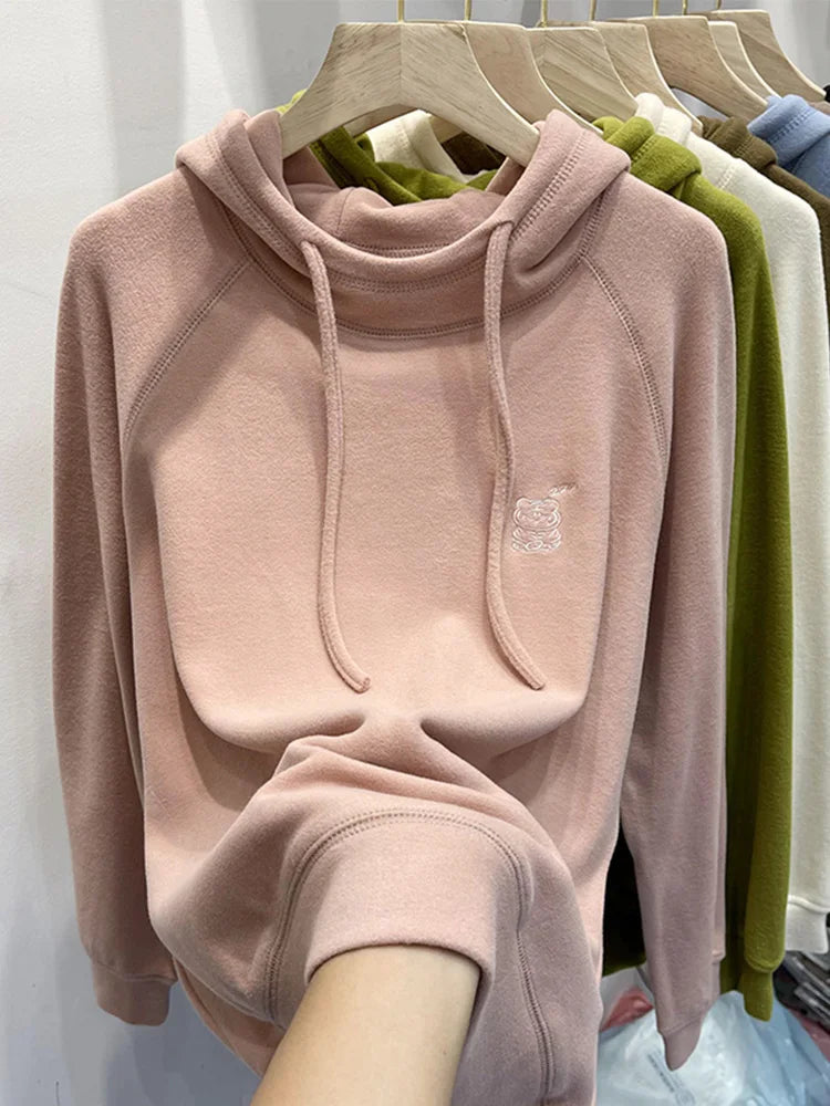 Women's Loose Fit Hoodie Korean Sle Embroidered Dstring Fce Lined Sweatirt Autumn Winter New Arrival