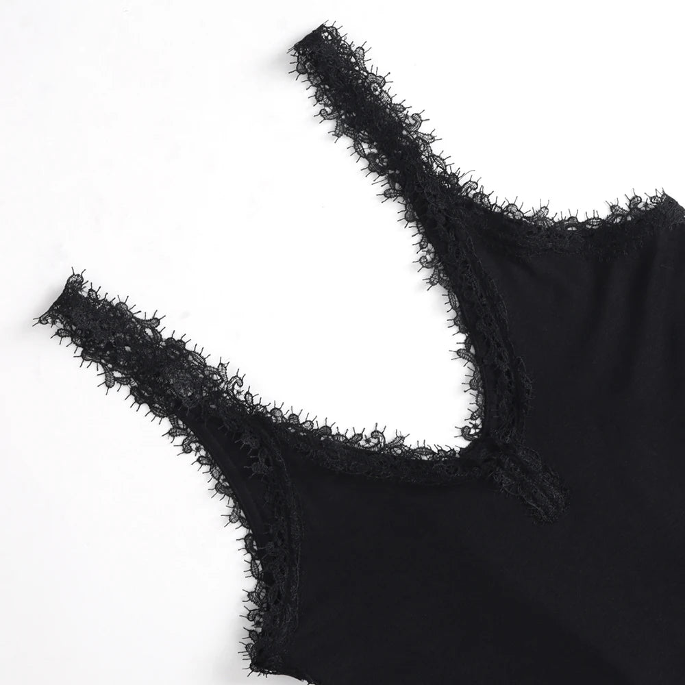 Women Black Lace Trim Bodysuit Elegant V-Neck Sleeveless Tank Top Slim Fit Sexy Bodycon Jumpsuit Basic Summer Bodysuits
