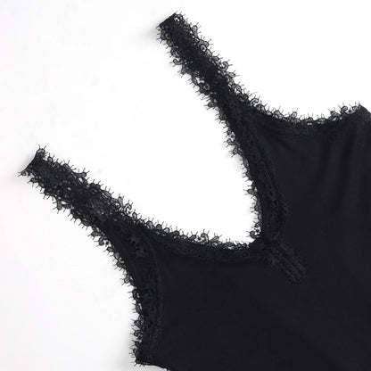 Women Black Lace Trim Bodysuit Elegant V-Neck Sleeveless Tank Top Slim Fit Sexy Bodycon Jumpsuit Basic Summer Bodysuits