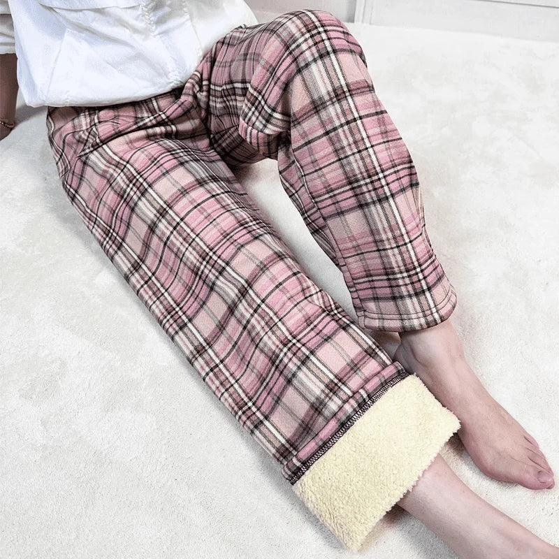 Thickened Fleece Straight Leg Pants Winter New Style Lamb Velvet Plaid Women's High Waist Warm Casual Wide Leg Pants