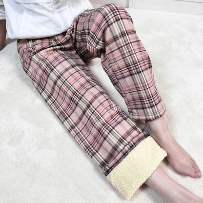 Thickened Fleece Straight Leg Pants Winter New Style Lamb Velvet Plaid Women's High Waist Warm Casual Wide Leg Pants
