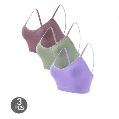 3PCS Women's Ribbed Cotton Bra With Chest Cushion Beautiful Back Sling Tank Top for Yoga Girl's Shock-absorbing Sports Underwear