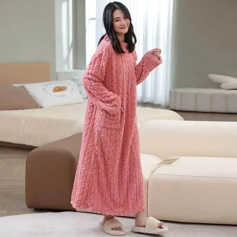 Winter New Long Warm Coral Fleece Home Sleepwear Robe for Women Walking Blanket Style Loose Fit with Pockets Sleep Dress