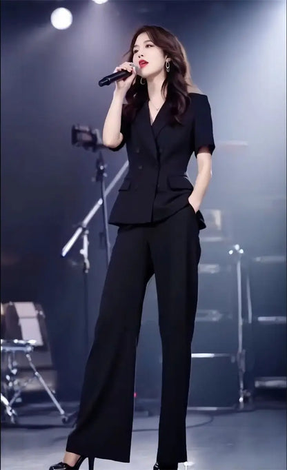Elegant Short Sleeve Suit Set Women's Summer New Style Powerful Businesslike Top And Pants Two Pieces Set High Waist Pants