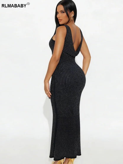 RLMABABY Sexy Swinging Collar Diamond Women Club Bodycon Dress Sleeveless Backless Evening Party Long Prom Dress
