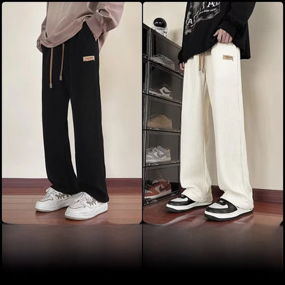 Men's Winter Thickened Fleece Lined Corduroy Wide Leg Sporty Casual Pants Loose Fit Straight Leg Long Trousers Fashionable Yo...
