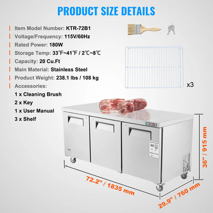 SucceBuy 72" Commercial Refrigerator Sandwich & Salad Prep Table 20Cu.Ft Food Prep Frost Free Refrigerator for Restaurant Bar