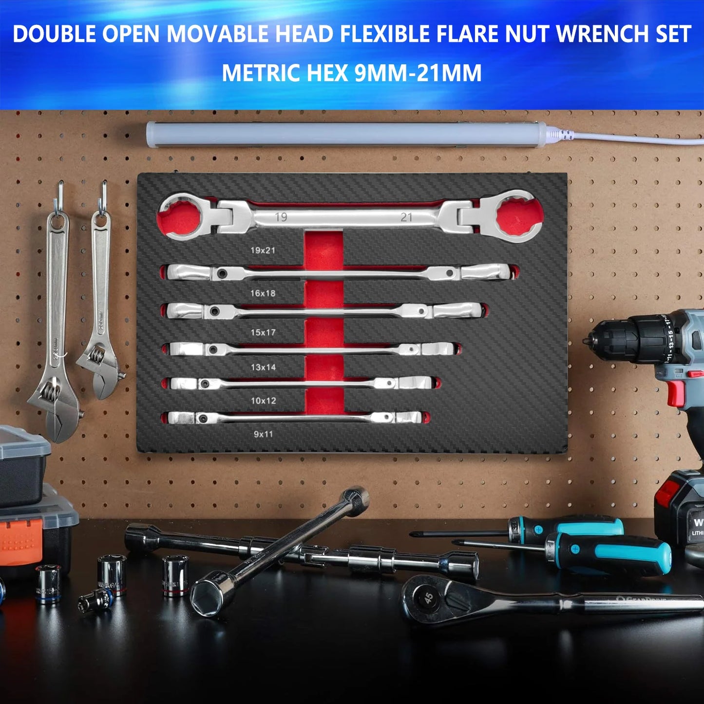 6-Piece Flexible Flare Nut Wrench Set, 9mm - 21mm, Metric Flexible Head Ratchet Wrench, Auto Repair Combo