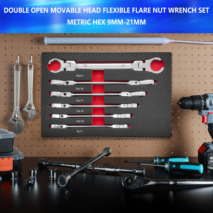 6-Piece Flexible Flare Nut Wrench Set, 9mm - 21mm, Metric Flexible Head Ratchet Wrench, Auto Repair Combo