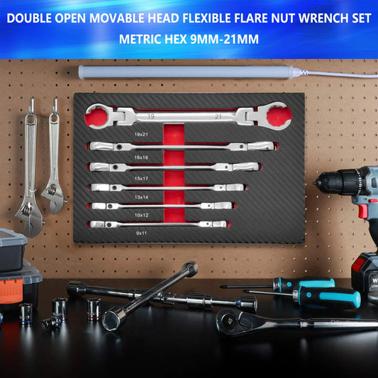 6-Piece Flexible Flare Nut Wrench Set, 9mm - 21mm, Metric Flexible Head Ratchet Wrench, Auto Repair Combo