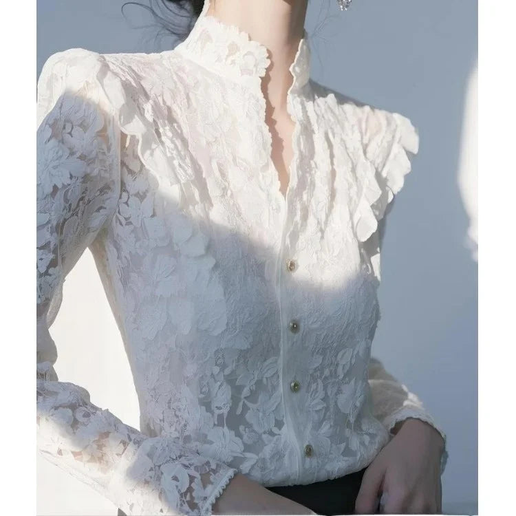 Elegant White Lace Shirt Luxury Feel Spring 2026 New Style Women's Premium Quality Long Sleeve Polyester Fiber Fashionable