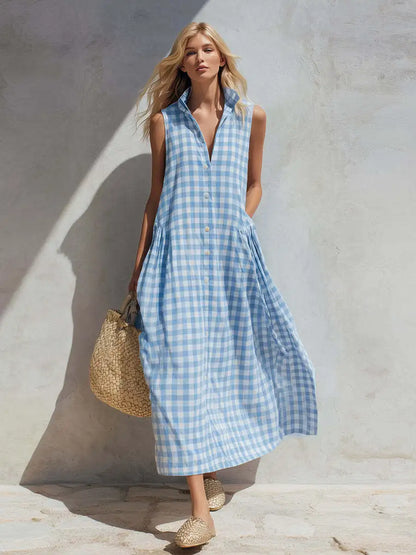 2026 Women Vintage Plaid Dress Sleeveless V-Neck Loose Midi Dresses French Retro Summer Beach Vacation Casual Chic Boho Sundress