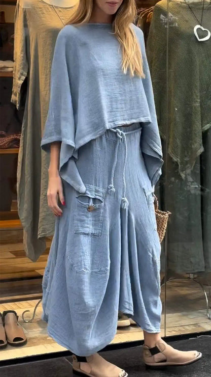 2024 Autumn Fashion New Women's Cotton and Linen Loose Skirt Two-piece Set Solid Color Irregular Top Waist Pocket Skirt Set
